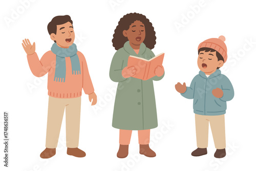 Family carolers singing together, holiday cheer and winter celebration