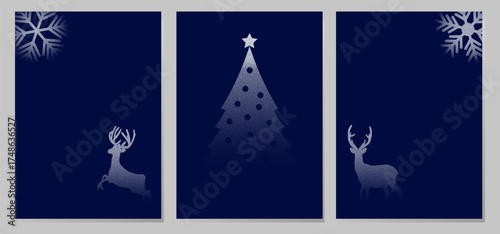 Merry Christmas and happy New Year cover vector set. Deer, Christmas tree, snowflakes on blue background. Cards, invitation, wallpaper, poster. 