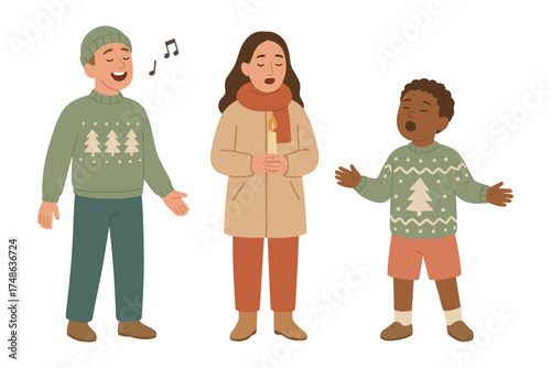 Christmas carolers singing with joy, holiday celebration and festive spirit