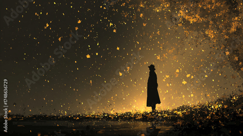 Mysterious silhouette standing beneath a rain of glowing autumn leaves