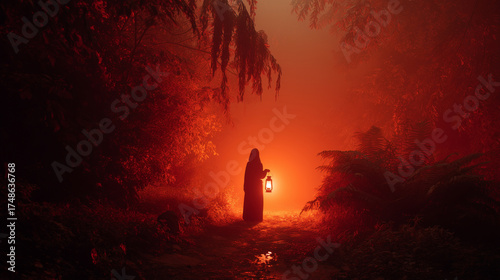 Mysterious figure holding a lantern in a foggy red and orange forest