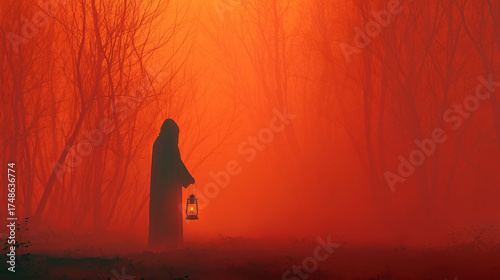 Mysterious figure holding a lantern in a foggy red and orange forest