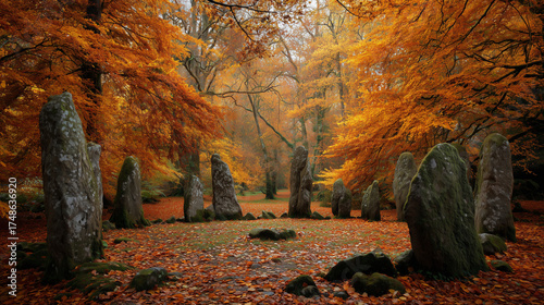 Ancient stone circle in the woods surrounded by fiery autumn leaves