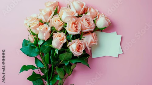A bouquet of pink roses is on a pink background with a white card that says 