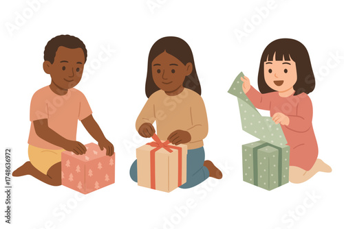 Children wrapping and unwrapping Christmas gifts, holiday excitement and fun