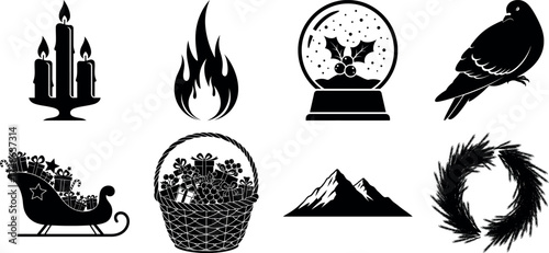 Vector art of assortment of christmas and winter holiday icons featuring candles, fire, snow globe, dove, sleigh, and wreath