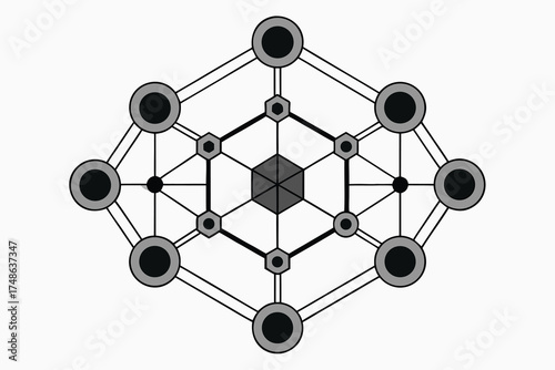 Geometric abstract design with interconnected circles, hexagons, and lines in gray and black