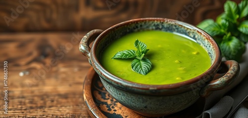 Vibrant green pea soup in a rustic bowl, garnished with fresh mint,  summer,  vibrant