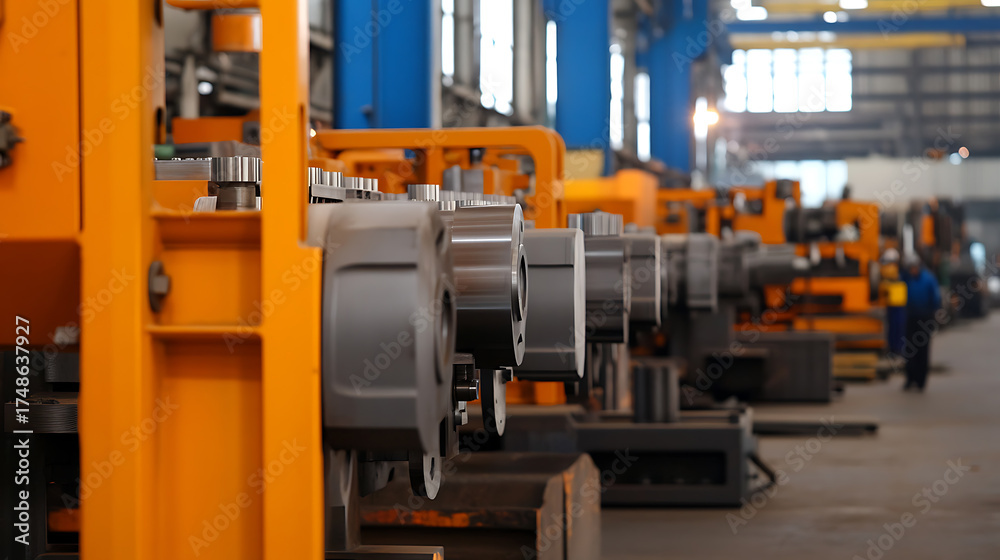 Fototapeta premium Industrial machinery: Heavy metal parts and orange framework in a manufacturing facility, featuring depth of field and blurred background with a worker.