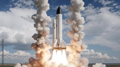 Spacecraft launching above a green field under a cloudy sky