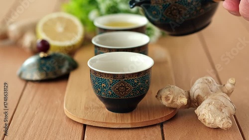 pour lemon and ginger infusion - closeup