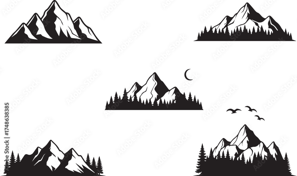 Obraz premium Mountain Silhouette Vector Set with Pine Trees and Snowy Peaks – Nature and Wilderness