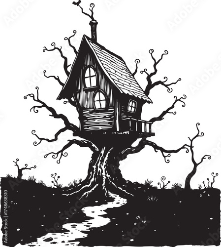 A treehouse. Hand drawn vector illustration