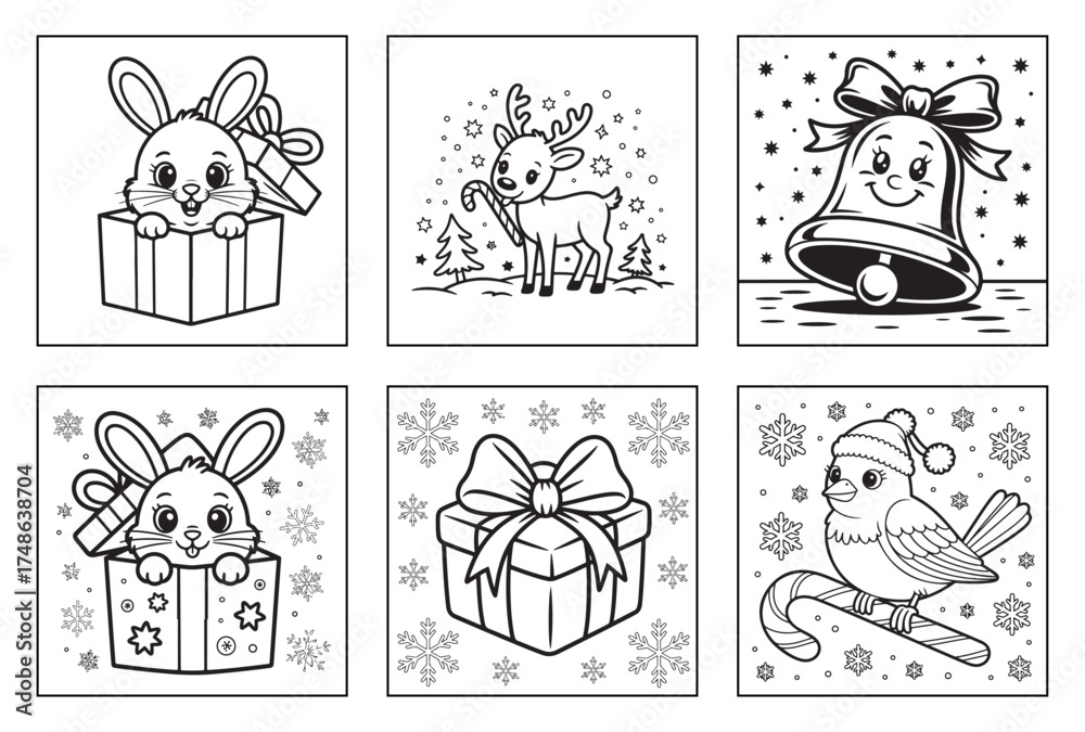 Obraz premium Christmas Adorable Bunny Popping Out of Gift Box Vector Illustration: Charming Black and White Outline for Kids, Coloring Books, and Creative Projects with Festive Holiday Cheer