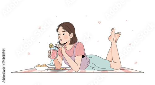 Relaxing Daydream: Young Lady Enjoys Sipping Refreshing Drink While Lounging Outdoors