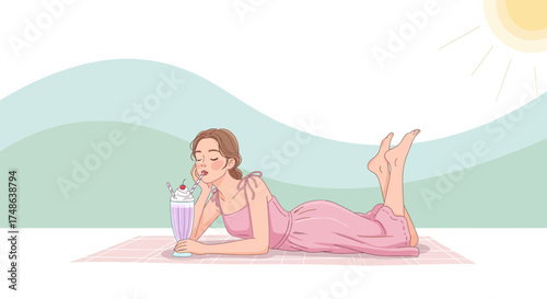 Relaxing illustration of a woman enjoying a milkshake while sunbathing on a warm day