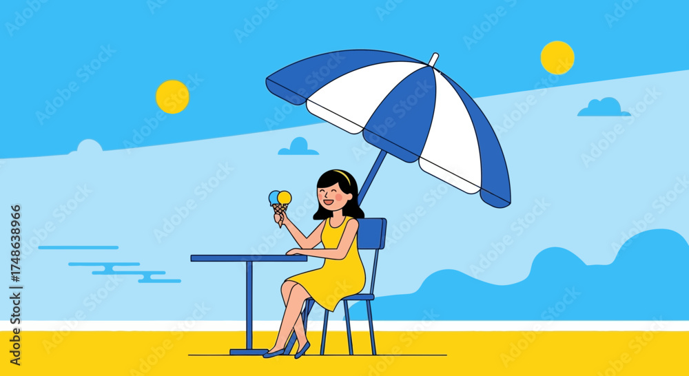 Fototapeta premium Relaxing Summer Day: A Woman Enjoying Ice Cream On A Sandy Beach With Parasol