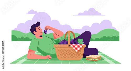 Relaxing Picnic Scene Depicting a Man Enjoying Food And The Beauty Of Nature