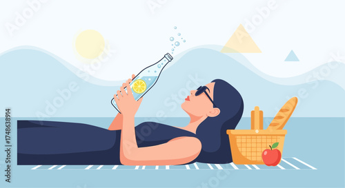 Relaxing Picnic Scene Featuring a Woman Reclining with a Refreshing Drink on a Sunny Day