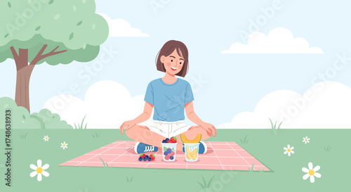 Relaxing Picnic Scene with Young Woman Enjoying Fruits in the Park and Blissful Surroundings