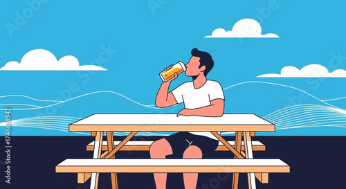 Relaxing Scene Of A Man Drinking Beer Outdoors Near Water With Clouds