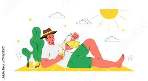 Relaxing Summer Afternoon: Man Enjoying Lemonade Under The Sun and Embracing Relaxation