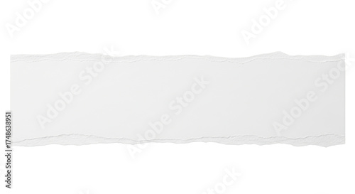 A horizontal strip of white torn paper with rough uneven edges, realistic fiber texture, minimal shadow, isolated on neutral background, modern stationery style