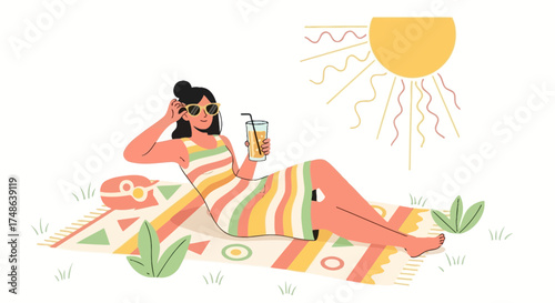 Relaxing Woman Lounging On Picnic Blanket Under Bright Sunlight Drinking Juice