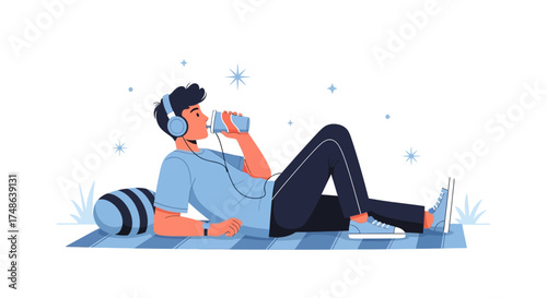 Relaxing Young Person Drinking Beverage While Enjoying Music Illustration