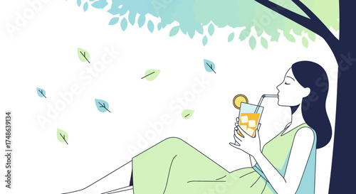 Relaxing Woman Sipping Refreshing Drink Under Shady Tree, Embracing Peace and Tranquility