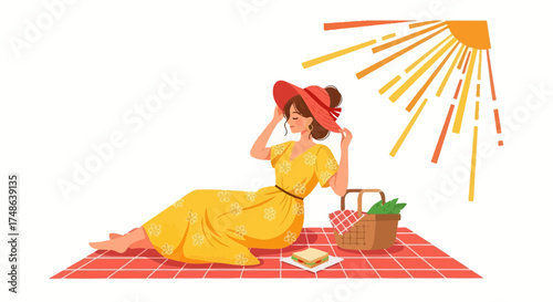 Relaxing Woman Sunbathing On A Leisurely Picnic With Food And Refreshments