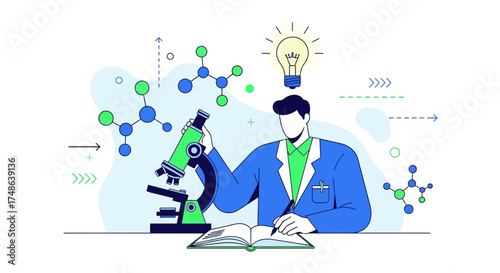 Researcher Analyzing Scientific Data and Concepts with Modern Microscope and Lightbulb