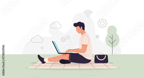 Remote Worker Utilizing Laptop On The Green Picnic Mat In Park Environment