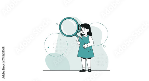 Researching Little Girl Keenly Analyzing And Studying The World with Magnifying Glass