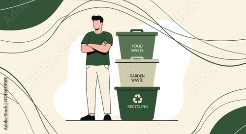 Responsible Person Standing Near Compost Bins Promoting Eco-Friendly Waste Sorting Practices