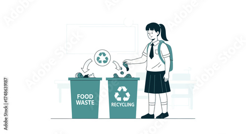 Responsible Student Disposing Waste, Ensuring Proper Recycling Systems for a Cleaner Planet