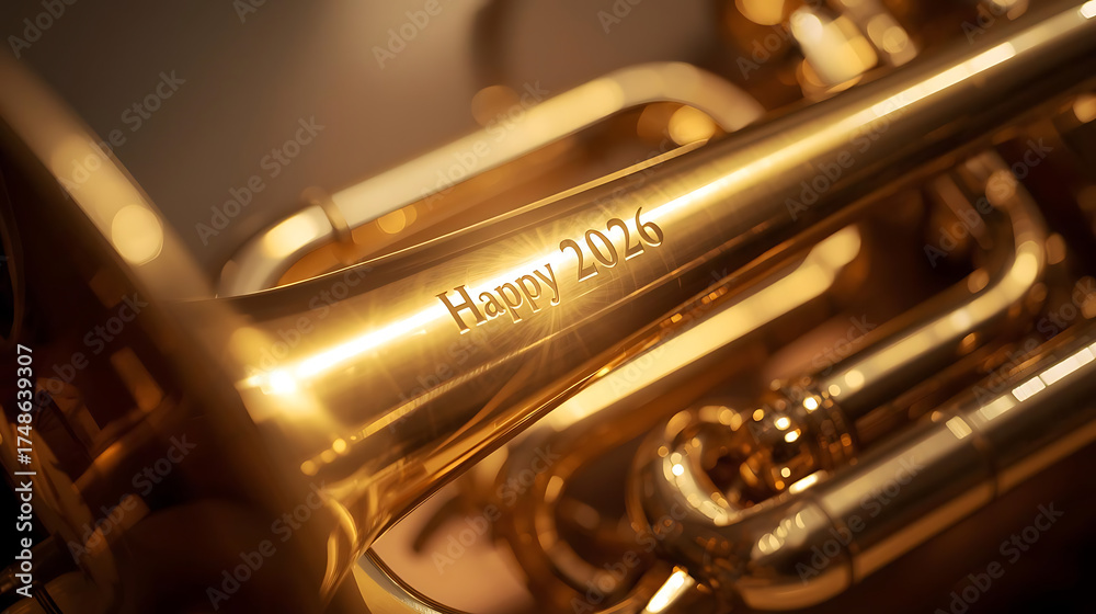 Obraz premium Close-Up Golden Trumpet with “Happy 2026” Engraving, Warm Lighting