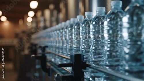 Clear plastic water bottles aligned on a conveyor belt in a bottling factory production line view