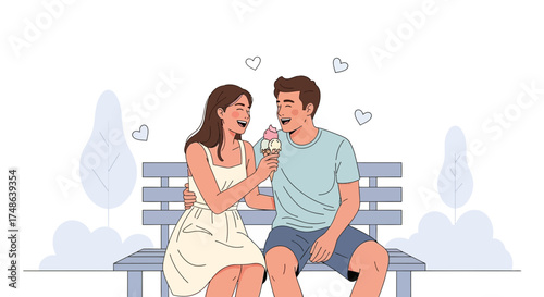 Romantic couple enjoying ice cream on a park bench amidst hearts illustration
