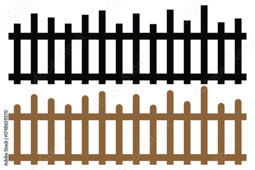 Wooden Picket Fence Icon Set – Classic Garden Fencing Silhouette, Rustic Security Barrier,
 Simple Vector Illustration