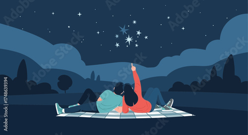 Romantic Couple Gazing At The Stars Under The Night Sky And Sharing a Special Moment