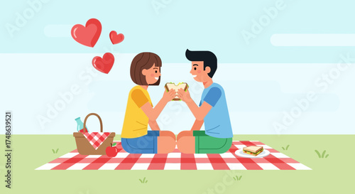 Romantic Picnic Featuring Couple Sharing a Sandwich with Hearts Symbolizing Affectionate Bonds