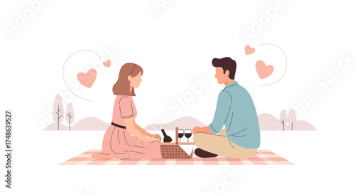 Romantic Picnic Illustration Depicting Affectionate Couple Enjoying Quality Time Outdoors