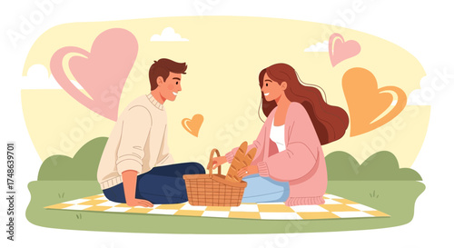 Romantic picnic scene with couple in love sitting outdoor in the nature with food