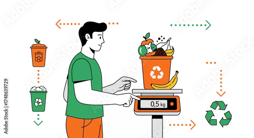 Recycling Process Depicted With Man Weighing Waste Leading To Environmental Sustainability