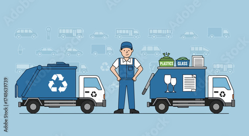 Recycling Worker Standing Beside Garbage Trucks With Waste Sorting Containers