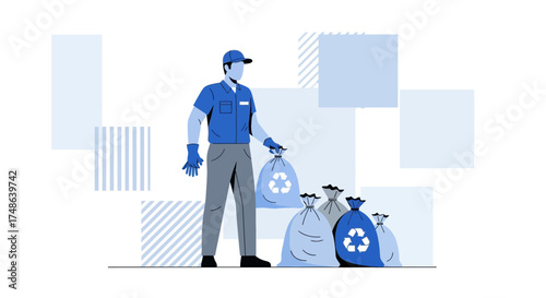 Recycling Worker Holding Bags Ready To Reduce, Reuse, And Conserve Waste, Ready For Garbage Pickup
