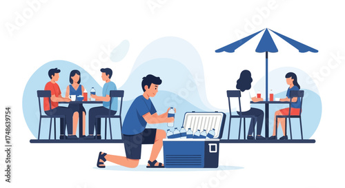 Refreshing Beverage Service Illustration: People Enjoying Drinks Outdoors Under A Shade