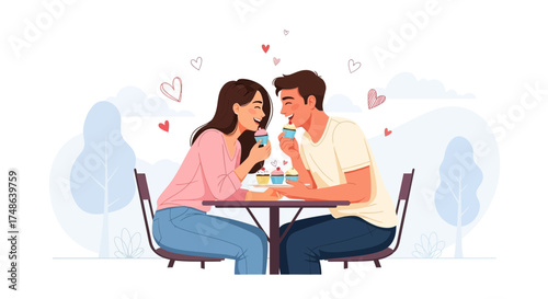 Romantic young couple enjoying cupcakes and moments of love in a park illustration
