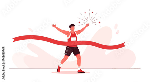 Runner Celebrates Completing The Race And Triumphantly Breaks The Finish Line Ribbon
